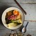 Caramelised Onion Ramen with soy eggs, charred corn and lime pickled red onion